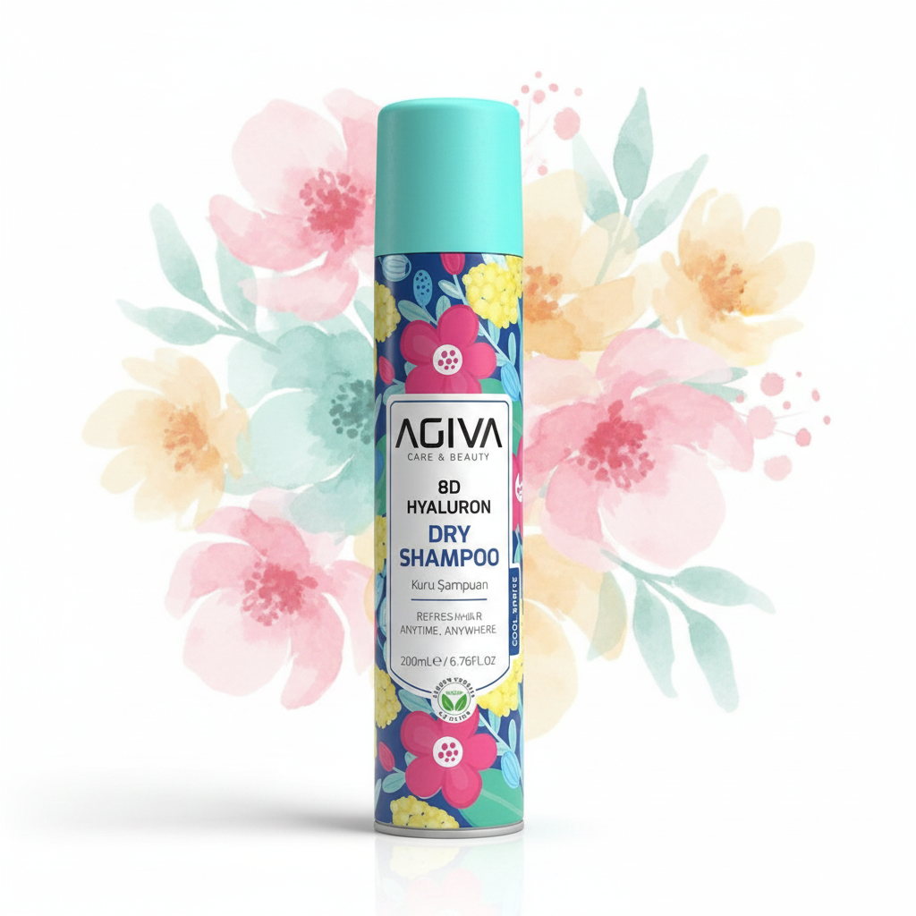 Agiva 8D Hyaluron Dry Shampoo with floral background